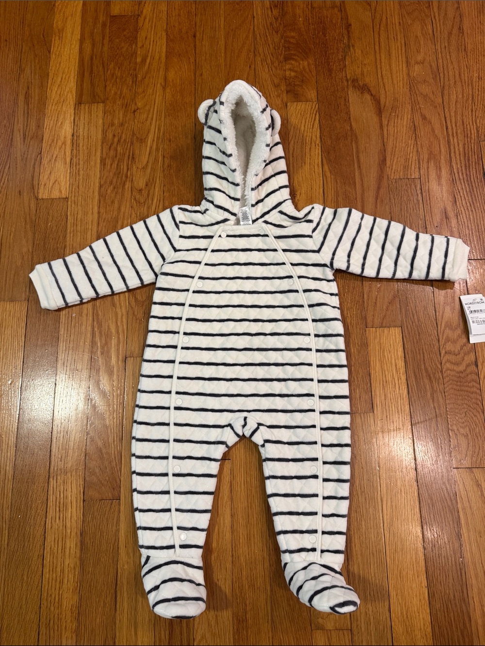 Striped Hooded Fleece One-Piece (White & Navy) - 12 months